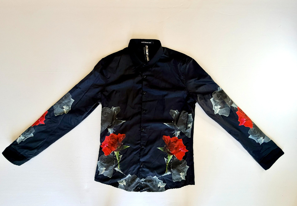 Mokewen Floral Dress Shirt Black Red Gray Long Sleeve Size M